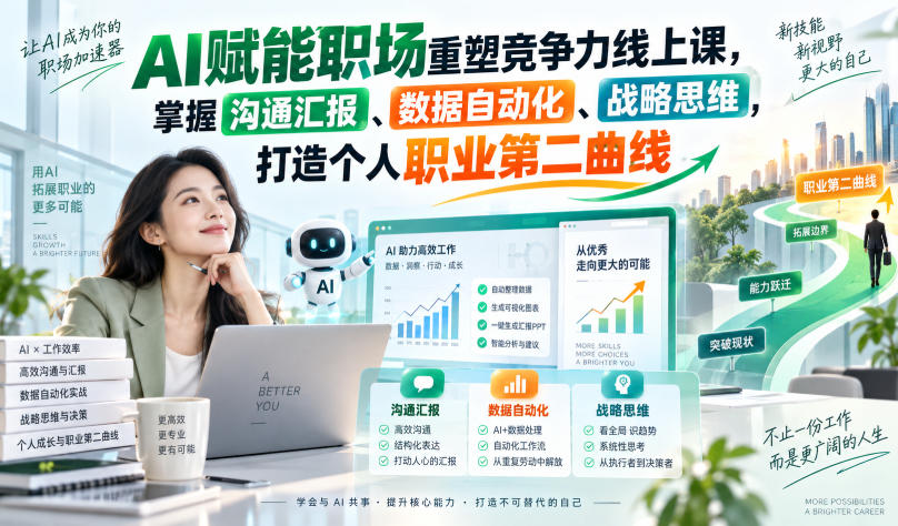 AI赋能职场重塑竞争力线上课，掌握沟通汇报、数据自动化、战略思维，打造个人职业第二曲线-云网创