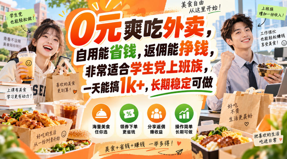 0元爽吃外卖，自用能省钱，返佣能挣钱，非常适合学生党上班族，一天能搞1k+，长期稳定可做-云网创