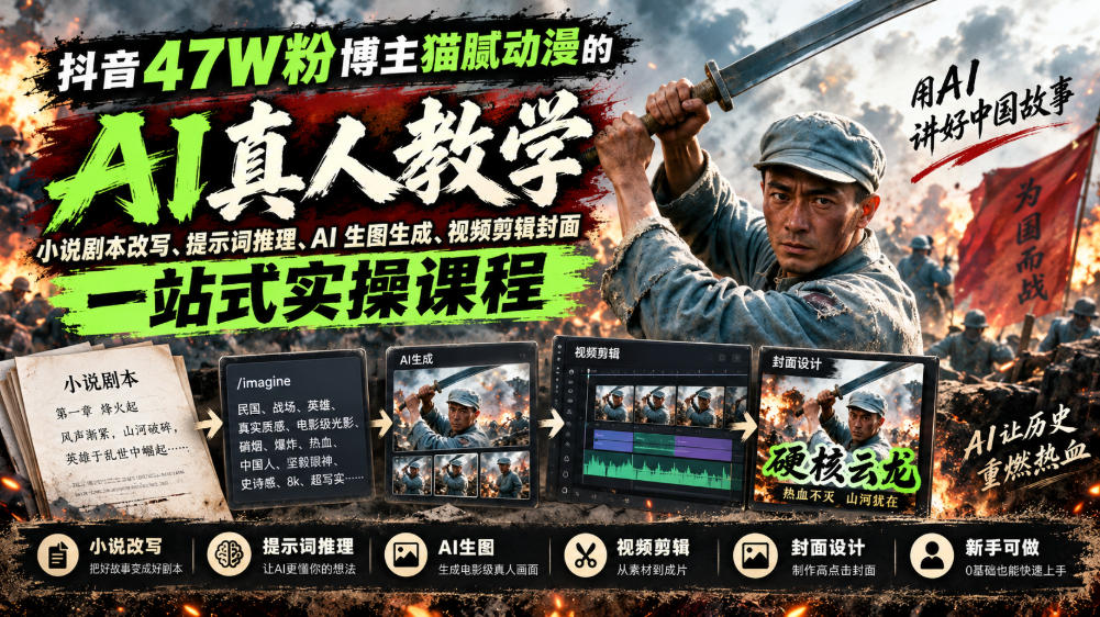 抖音47W粉博主猫腻动漫的AI真人漫剧教学，小说剧本改写、提示词推理、AI生图生成、视频剪辑封面一站式实操课程-云网创
