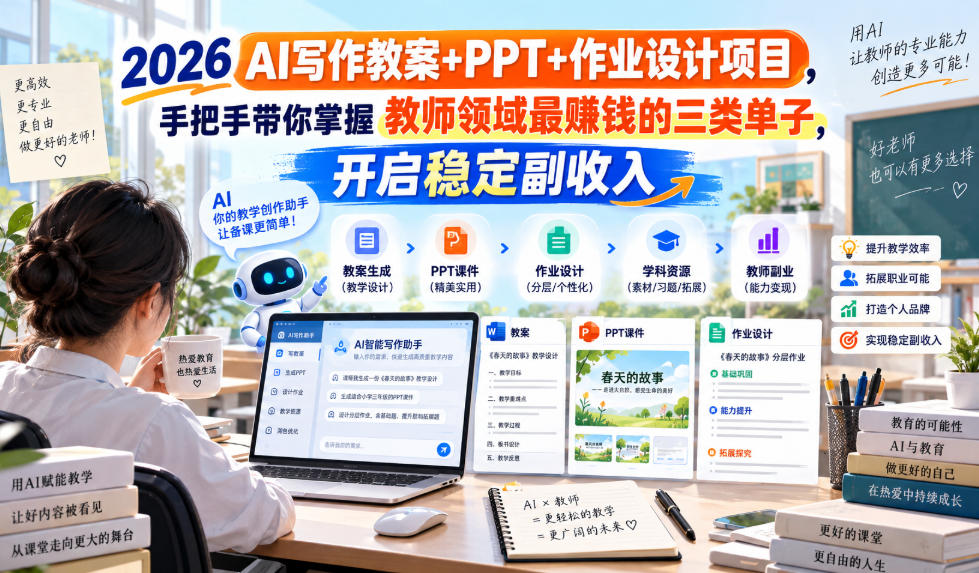 2026 AI写作教案+PPT+作业设计项目，手把手带你掌握教师领域最賺钱的三类单子，开启稳定副收入-云网创