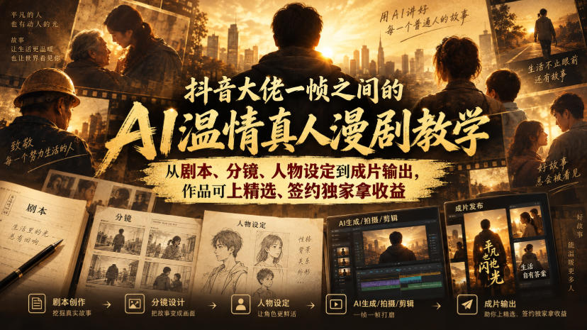 抖音大佬一帧之间的AI温情真人漫剧教学，从剧本、分镜、人物设定到成片输出，作品可上精选、签约独家拿收益-云网创