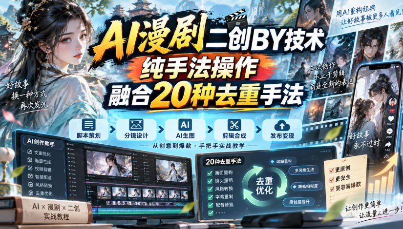AI漫剧二创搬运技术，纯手法操作，融合20种去重手法-云网创