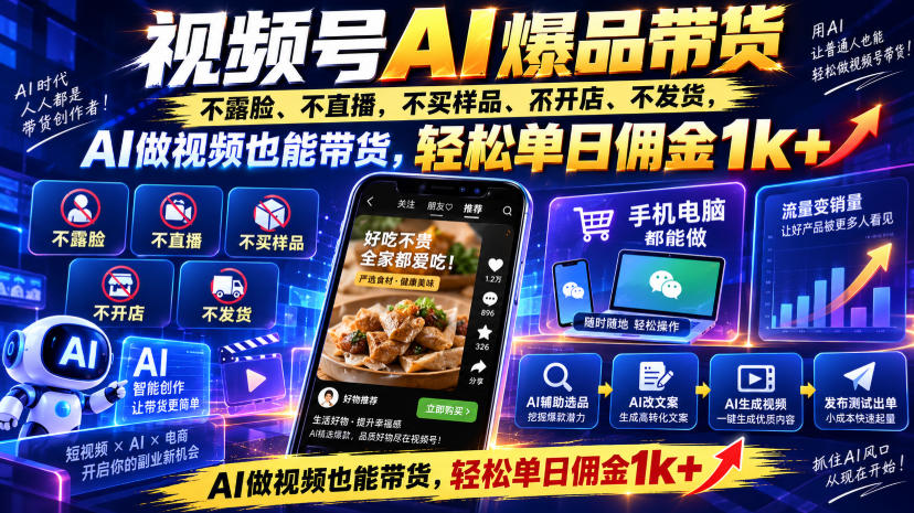 视频号Ai爆品带货，不露脸、不直播、不买样品、不开店、不发货，AI做视频也能带货，轻松单日佣金1k+-云网创