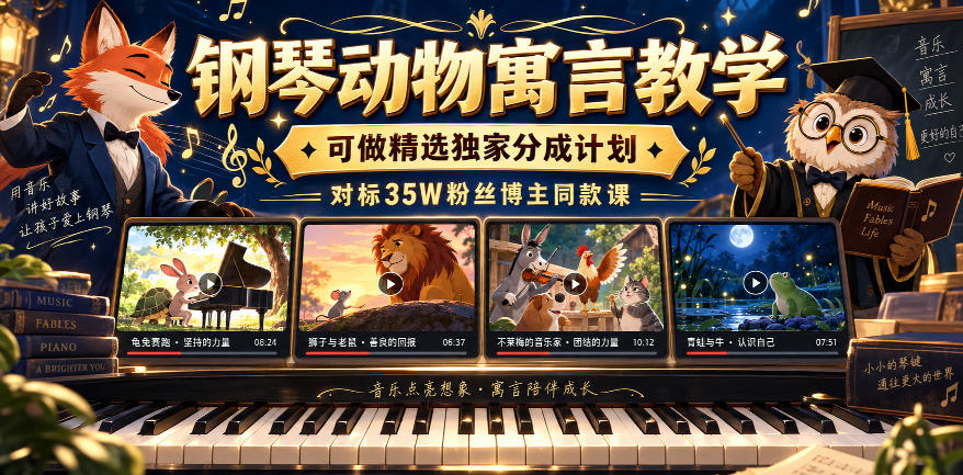 钢琴动物寓言教学，可做精选独家分成计划，对标35W粉丝博主同款课-云网创