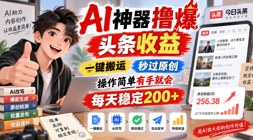 AI神器撸爆头条收益，一键搬运，秒过原创，操作简单有手就会，每天稳定200+【揭秘】-云网创