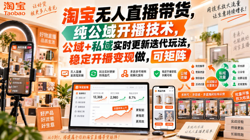 淘宝无人直播带货，纯公域开播技术，公域+私域实时更新迭代玩法，稳定开播变现做，可矩阵【揭秘】-云网创