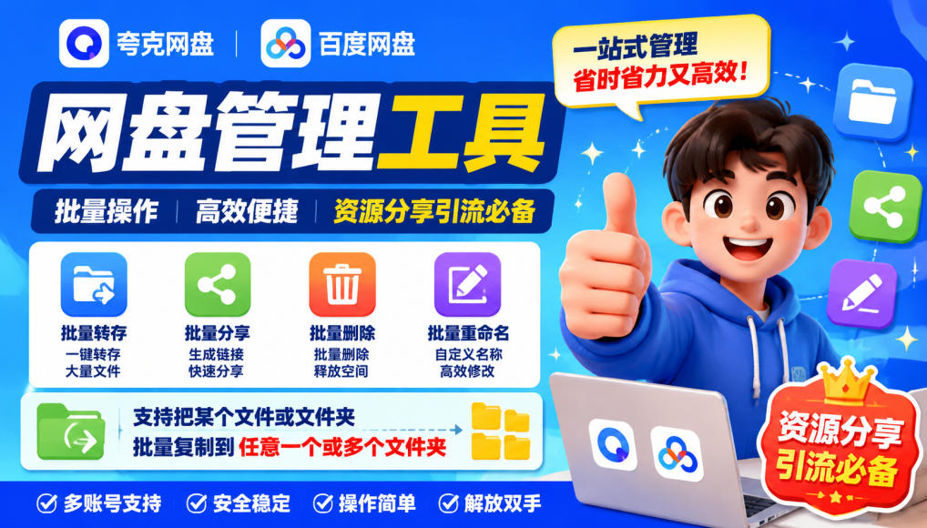 夸克网盘批量文件重命名，批量转存、批量分享、批量复制，内置AI功能-云网创