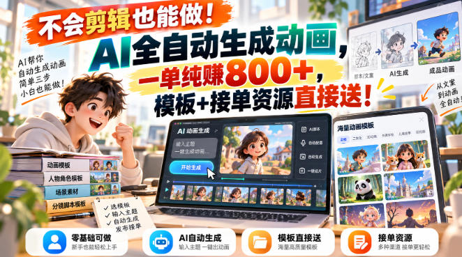 不会剪辑也能做！AI全自动生成动画，一单纯賺800+，模板+接单资源直接送！【揭秘】-云网创