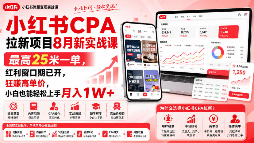 小红书CPA拉新项目8月新实战课，最高25米一单，红利窗口期已开，狂賺高单价，小白也能轻松上手月入1W+(更新0923)-云网创