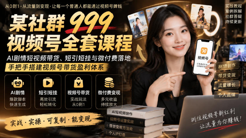 青翔社999视频号全套课程，AI剧情短视频带货、短引短挂与微付费落地，手把手搭建视频号带货盈利体系-云网创