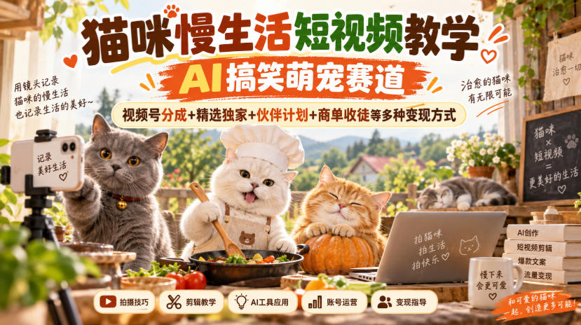 猫咪慢生活短视频教学，AI搞笑萌宠赛道，视频号分成+精选独家+伙伴计划+商单收徒等多种变现方式-云网创