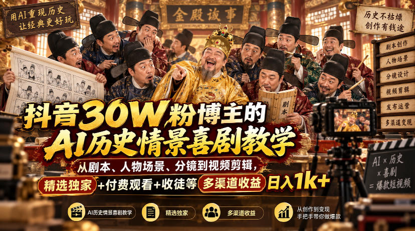 抖音30W粉博主的AI历史情景喜剧教学，从剧本、人物场景、分镜到视频剪辑，精选独家+付费观看+收徒等多渠道收益日入1k+-云网创