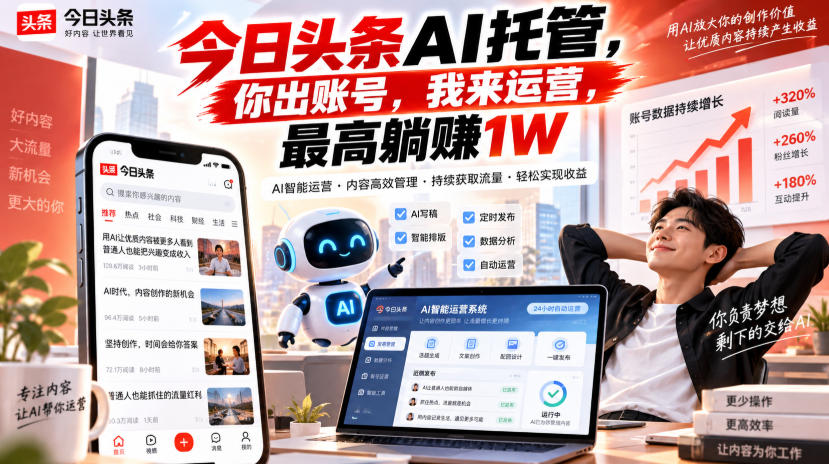 今日头条AI托管，你出账号，我来运营，最高躺賺1W【揭秘】-云网创