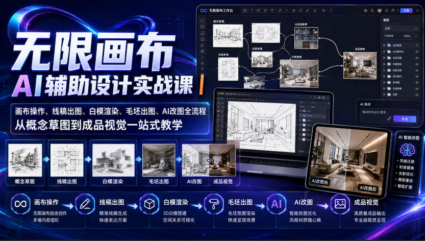 无限画布AI辅助设计实战课｜画布操作、线稿出图、白模渲染、毛坯出图、AI改图全流程，从概念草图到成品视觉一站式教学(更新0923)-云网创