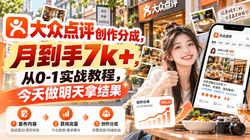大众点评创作分成，月到手7k+，从0-1实战教程，今天做明天拿结果-云网创