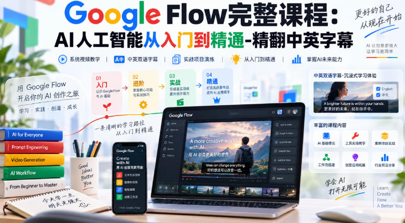 【无水印】Google Flow完整课程：AI人工智能从入门到精通-精翻中英字幕-云网创