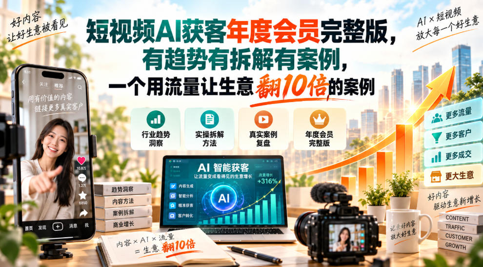 董十一短视频AI获客年度会员完整版，有趋势有拆解有案例，一个用流量让生意翻10倍的案例-云网创