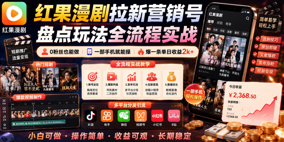 红果漫剧拉新营销号盘点玩法全流程实战，0粉丝也能做，一部手机就能做，爆一条单日收益2k+(更新0922)-云网创