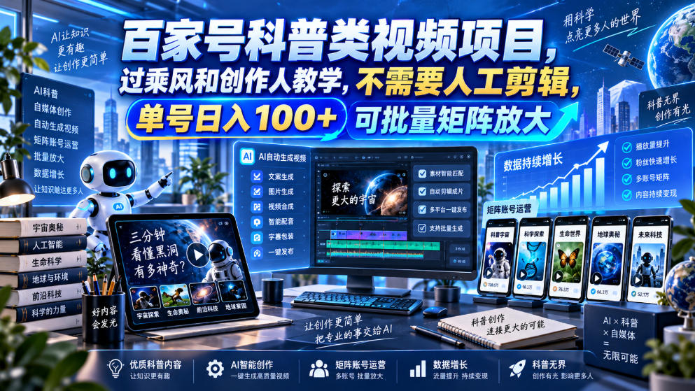 百家号科普类视频项目，过乘风和创作人教学，不需要人工剪辑，单号日入100+可批量矩阵放大-云网创