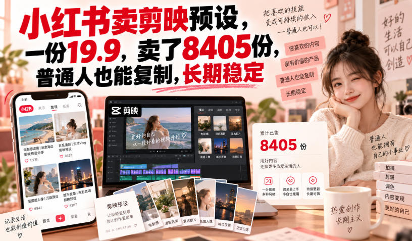 小红书卖剪映预设，一份19.9，卖了8405份，普通人也能复制，长期稳定-云网创