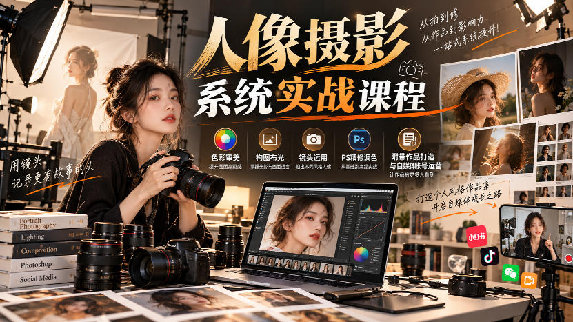 【无水印】人像摄影系统实战课程,色彩审美、构图布光、镜头运用、PS精修调色,附带作品打造与自媒体账号运营-云网创