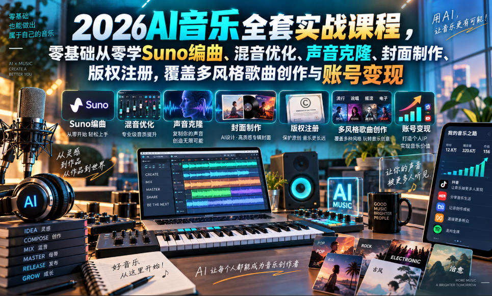 2026AI音乐实战课程，零基础从零学Suno编曲、混音优化、声音克隆、版权注册，覆盖多风格歌曲创作与账号变现(更新0924)-云网创