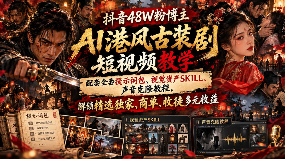 抖音48W粉博主AI港风古装剧短视频教学，配套全套提示词包、视觉资产SKILL、声音克隆教程，解锁精选独家、商单、收徒多元收益-云网创