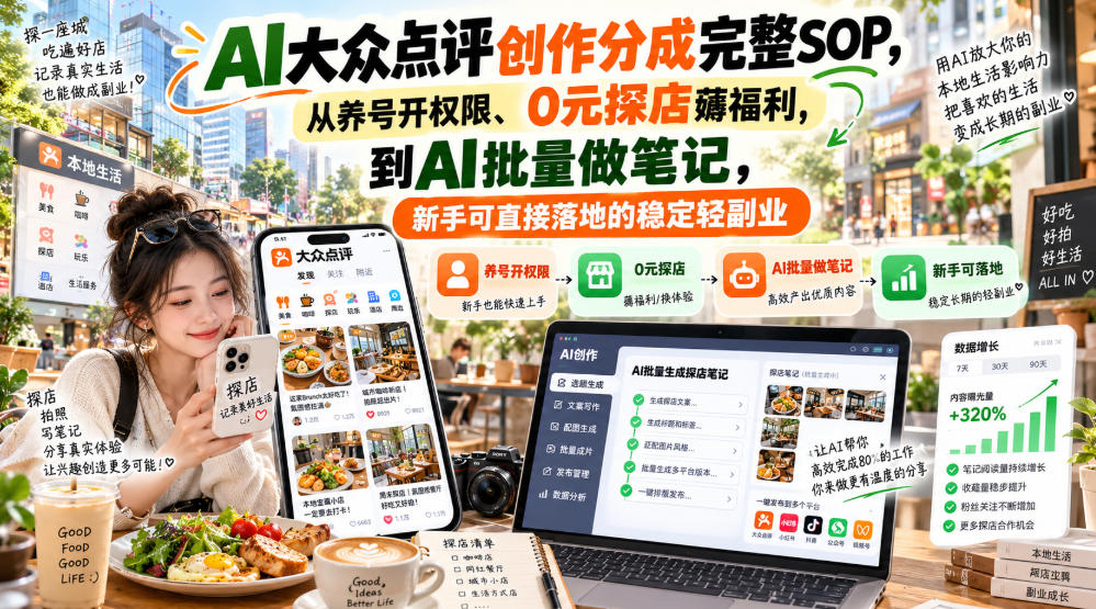 【无水印】AI大众点评创作分成完整SOP，从养号开权限、0元探店薅福利，到AI批量做笔记，新手可直接落地的稳定轻副业-云网创