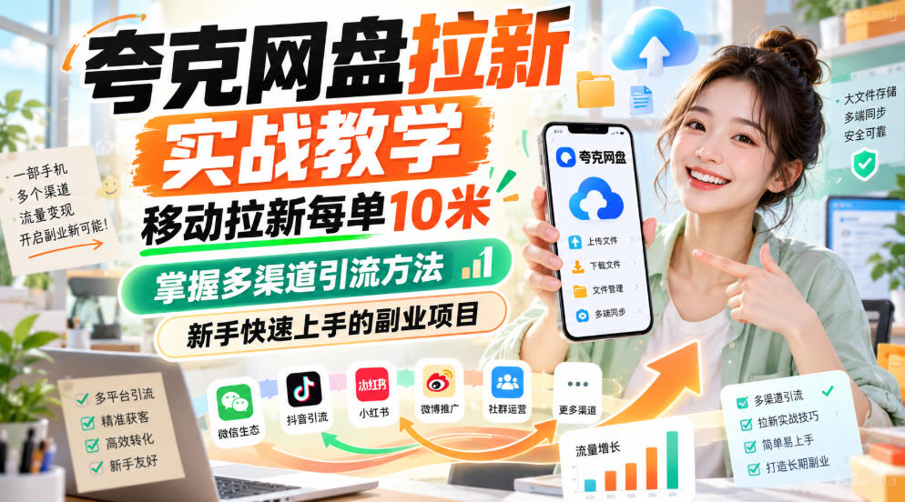 夸克网盘拉新实战教学，移动拉新每单10米，掌握多渠道引流方法，新手快速上手的副业项目-云网创