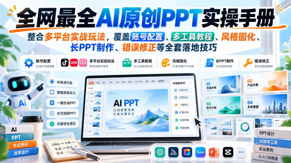 全网最全AI原创PPT实操手册，整合多平台实战玩法，覆盖账号配置、多工具教程、风格固化、长PPT制作、错误修正等全套落地技巧-云网创