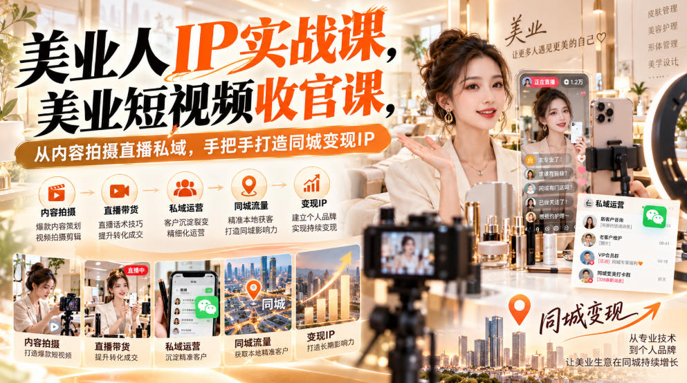 【无水印】美业人IP实战课，美业短视频收官课，从内容拍摄直播私域，手把手打造同城变现IP-云网创