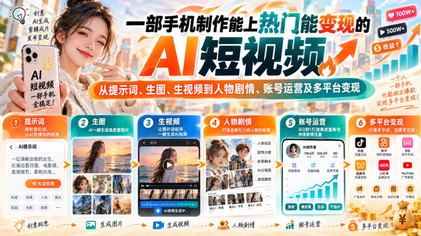 【无水印】一部手机制作能上热门能变现的AI短视频，从提示词、生图、生视频到人物剧情、账号运营及多平台变现-云网创