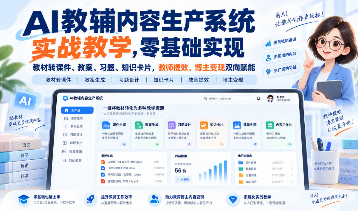 【无水印】AI教辅内容生产系统实战教学，零基础实现教材转课件、教案、习题、知识卡片，教师提效、博主变现双向赋能(更新0926)-云网创
