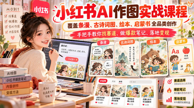 小红书AI作图实战课程，覆盖条漫、古诗词图、绘本、启蒙书全品类创作，手把手教你找赛道、做爆款笔记、落地变现-云网创