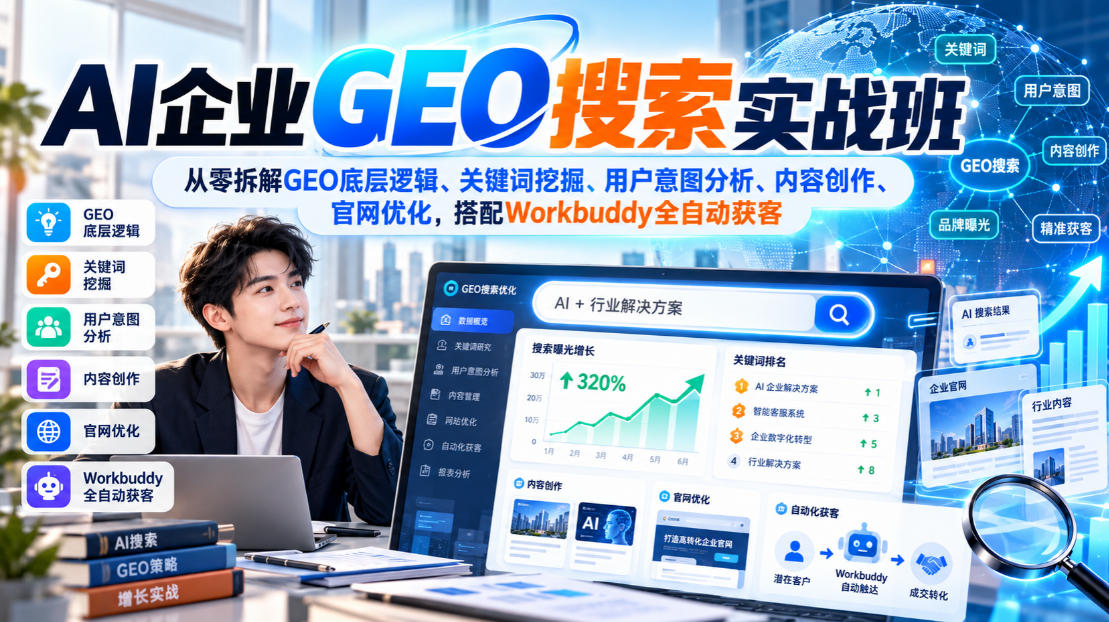 AI企业GEO搜索实战班，从零拆解GEO底层逻辑、关键词挖掘、用户意图分析、内容创作、官网优化，搭配Workbuddy全自动获客-云网创