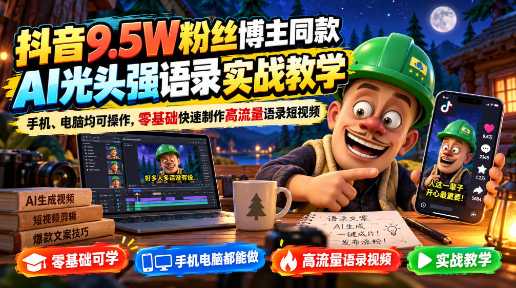 抖音9.5W粉丝博主同款AI光头强语录实战教学，手机、电脑均可操作，零基础快速制作高流量语录短视频-云网创