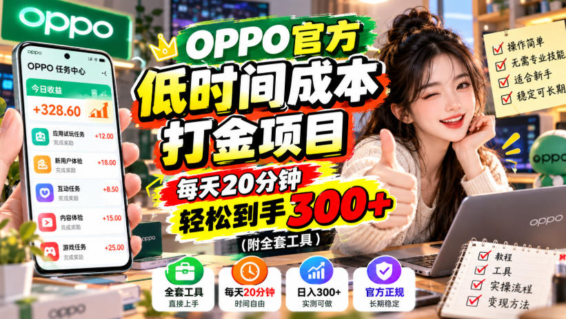 OPPO官方低时间成本打金项目，每天20分钟，轻松到手300+(附全套工具)【揭秘】-云网创