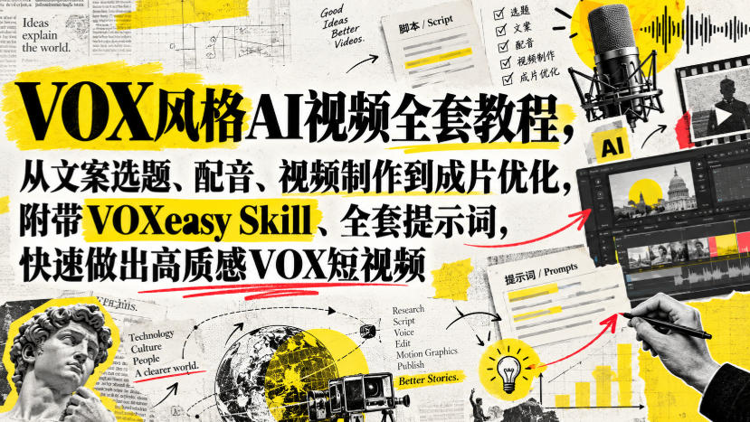 VOX风格AI视频全套教程，从文案选题、配音、视频制作到成片优化，附带VOXeasy Skill、全套提示词，快速做出高质感VOX短视频-云网创