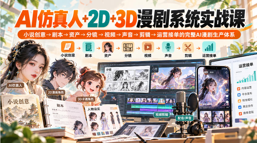 【无水印】AI仿真人+2D+3D漫剧系统实战课，小说创意→剧本→资产→分镜→视频→声音→剪辑→运营接单的完整AI漫剧生产体系-云网创