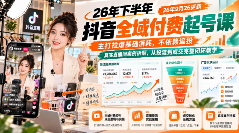 泽泽子·26年下半年抖音全域付费起号课9月26更新，主打拉爆基础消耗，不依赖追投，真实直播间案例拆解，从投流到成交完整闭环教学-云网创