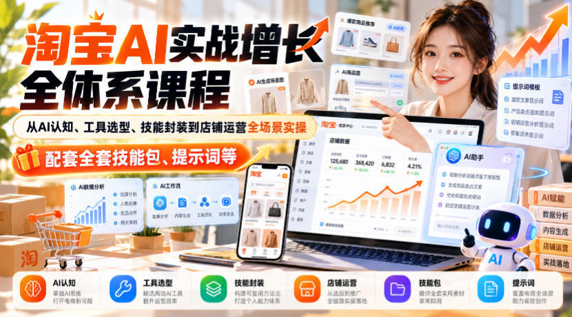 淘宝AI实战增长全体系课程，从AI认知、工具选型、技能封装到店铺运营全场景实操，配套全套技能包、提示词等-云网创