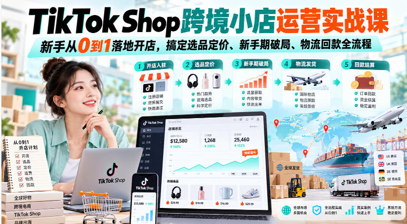 TikTok Shop跨境小店运营实战课，新手从0到1落地开店，搞定选品定价、新手期破局、物流回款全流程-云网创