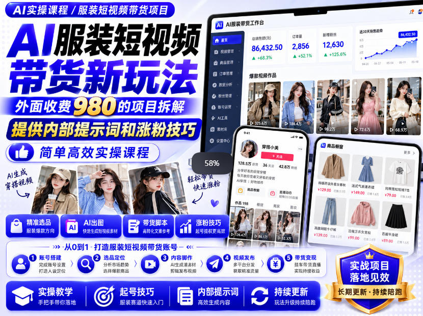 外面收费980AI快手带货系统课程，内部课程首次外放，操作简单高效，一分钟一条爆款视频-云网创