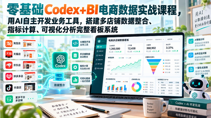 零基础Codex+BI电商数据实战课程，用AI自主开发业务工具，搭建多店铺数据整合、指标计算、可视化分析完整看板系统-云网创