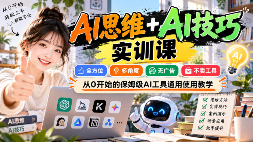 【无水印】AI思维+AI技巧实训课，全方位、多角度、无广告、不卖工具，从0开始的保姆级AI工具通用使用教学-云网创