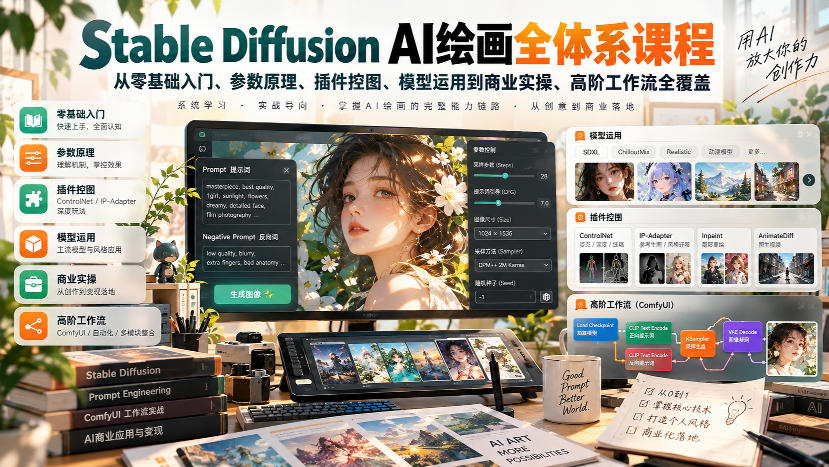 【无水印】Stable Diffusion AI绘画全体系课程，从零基础入门、参数原理、插件控图、模型运用到商业实操、高阶工作流全覆盖-云网创