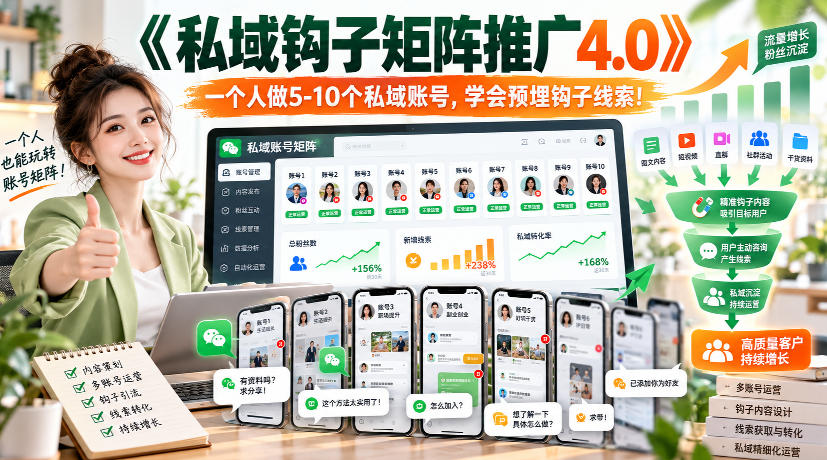 【无水印】《私域钩子矩阵推广4.0》一个人做5-10个私域账号，学会预埋钩子线索！-云网创