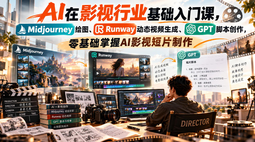 【无水印】AI在影视行业基础入门课，Midjourney绘图、Runway动态视频生成、GPT脚本创作，零基础掌握AI影视短片制作-云网创