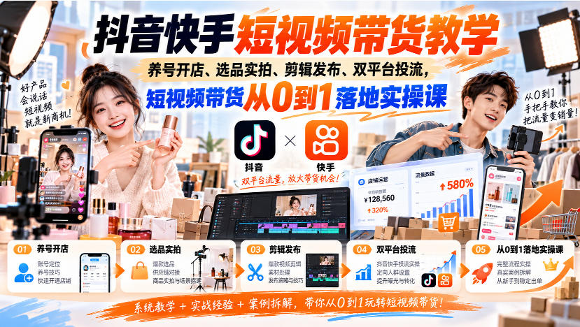 抖音快手短视频带货教学｜养号开店、选品实拍、剪辑发布、双平台投流，短视频带货从0到1落地实操课-云网创