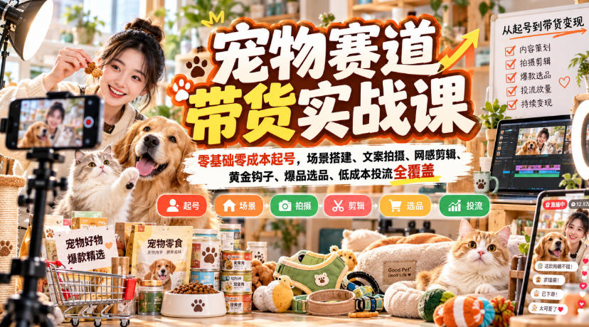 宠物赛道带货实战课，零基础零成本起号，场景搭建、文案拍摄、网感剪辑、黄金钩子、爆品选品、低成本投流全覆盖-云网创